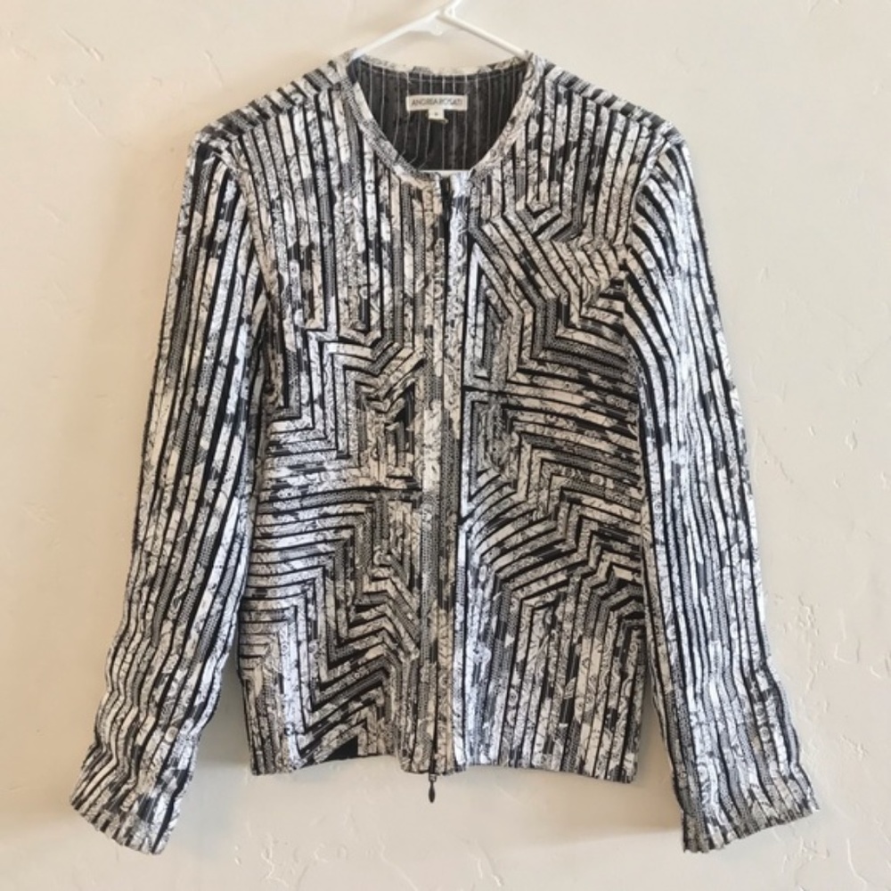 Andrea Rosati Black & White Geometric Zip Up Blazer Zip Up Size 8